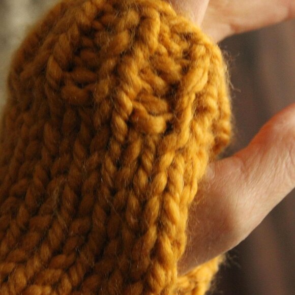 Hand Knit Fingerless Gloves, Armwarmers in Mustard Yellow Yarn, Womens - Picture 8 of 9